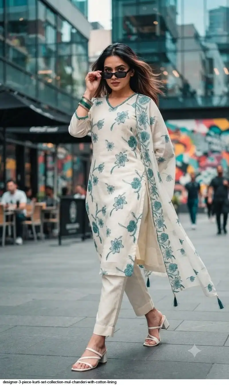 DESIGNER 3 PIECE KURTI SET COLLECTION MUL CHANDERI WITH COTTON LINING C