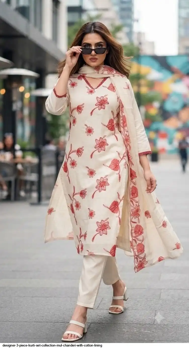 DESIGNER 3 PIECE KURTI SET COLLECTION MUL CHANDERI WITH COTTON LINING B