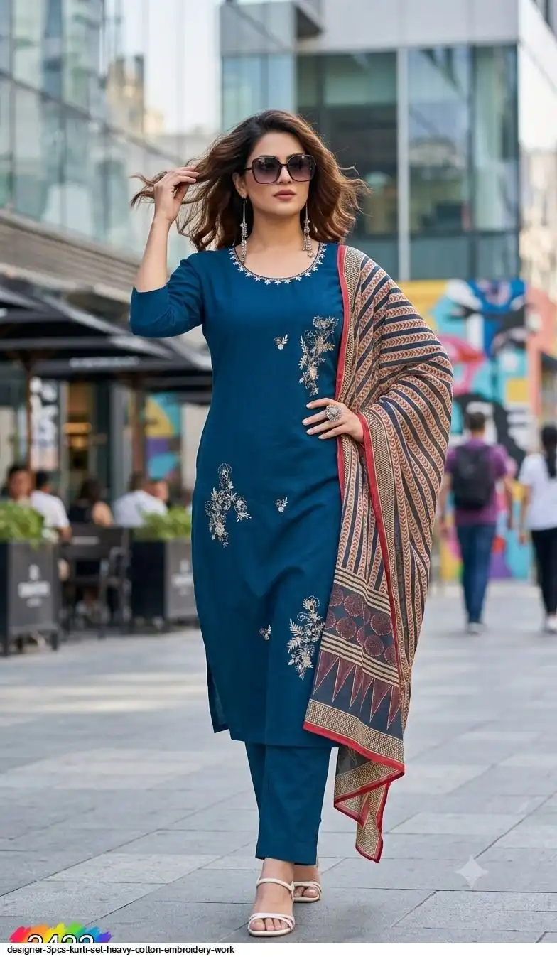 DESIGNER 3PCS KURTI SET HEAVY COTTON EMBROIDERY WORK 3422