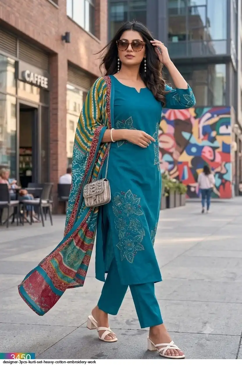 DESIGNER 3PCS KURTI SET HEAVY COTTON EMBROIDERY WORK 3450