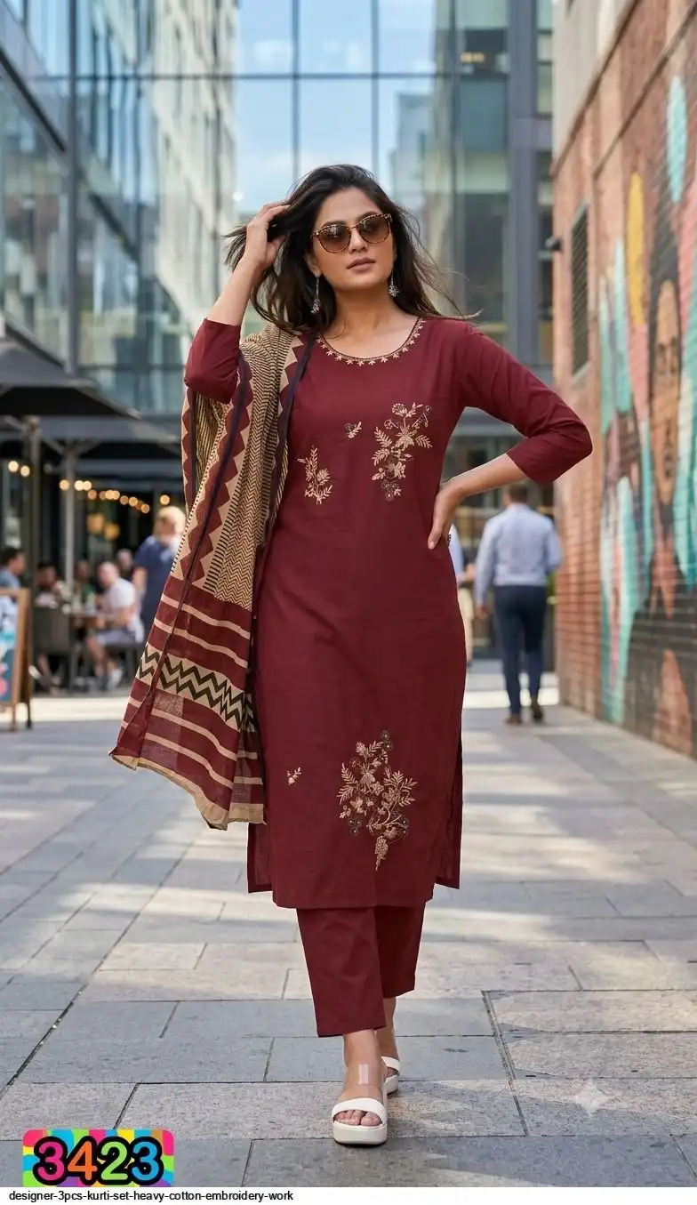 DESIGNER 3PCS KURTI SET HEAVY COTTON EMBROIDERY WORK 3423