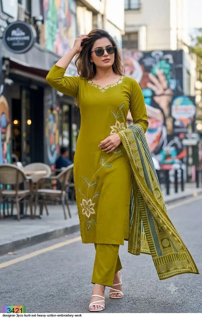 DESIGNER 3PCS KURTI SET HEAVY COTTON EMBROIDERY WORK 3421