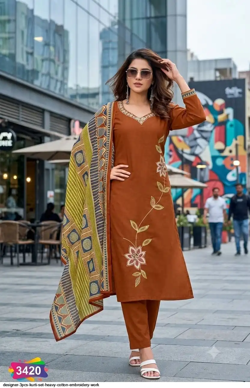 DESIGNER 3PCS KURTI SET HEAVY COTTON EMBROIDERY WORK 3420