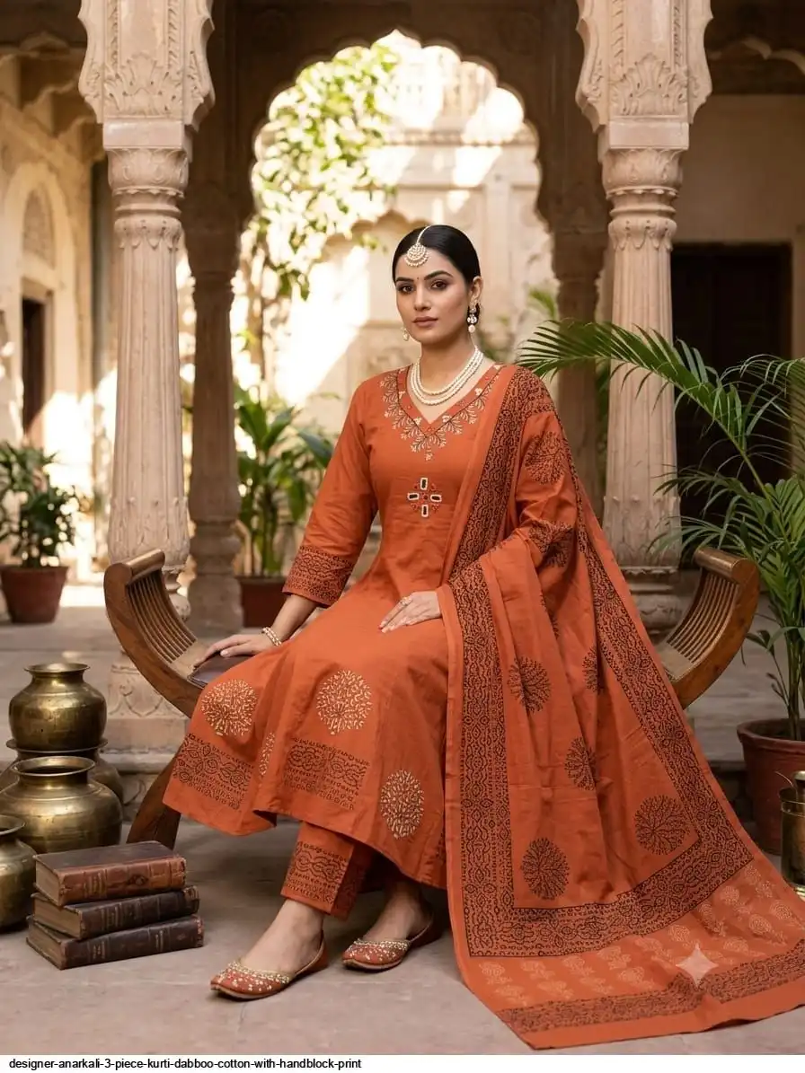 DESIGNER ANARKALI 3 PIECE KURTI DABBOO COTTON WITH HANDBLOCK PRINT B