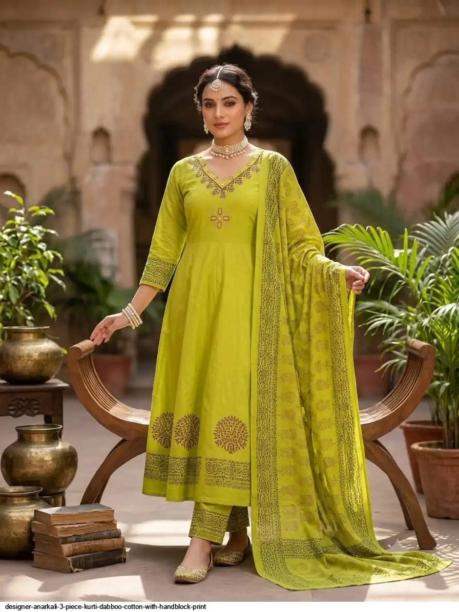DESIGNER ANARKALI 3 PIECE KURTI DABBOO COTTON WITH HANDBLOCK PRINT C