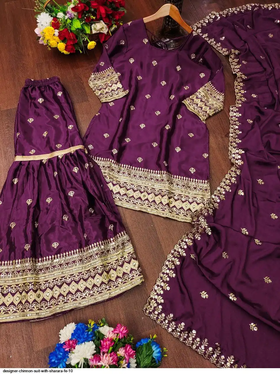 DESIGNER CHINNON SUIT WITH SHARARA FE 10 A