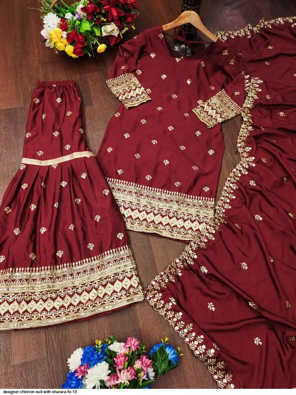 DESIGNER CHINNON SUIT WITH SHARARA FE 10 D