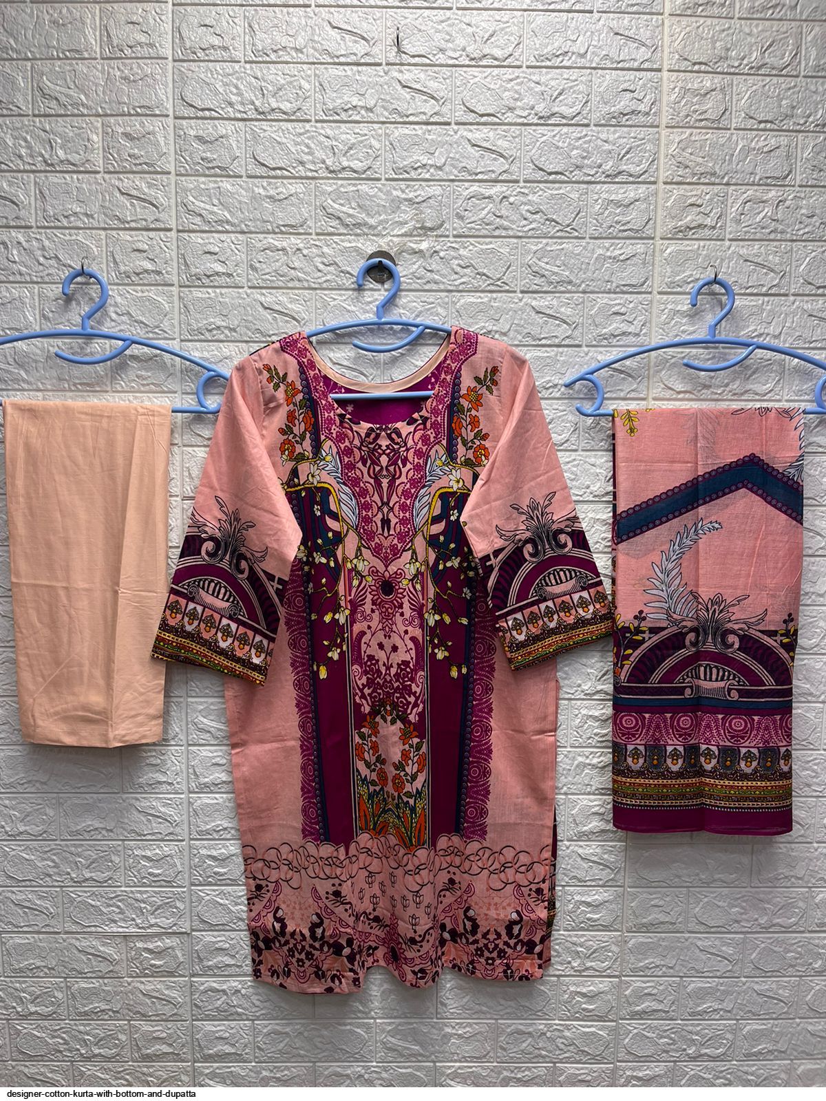 designer cotton kurta with bottom and dupatta