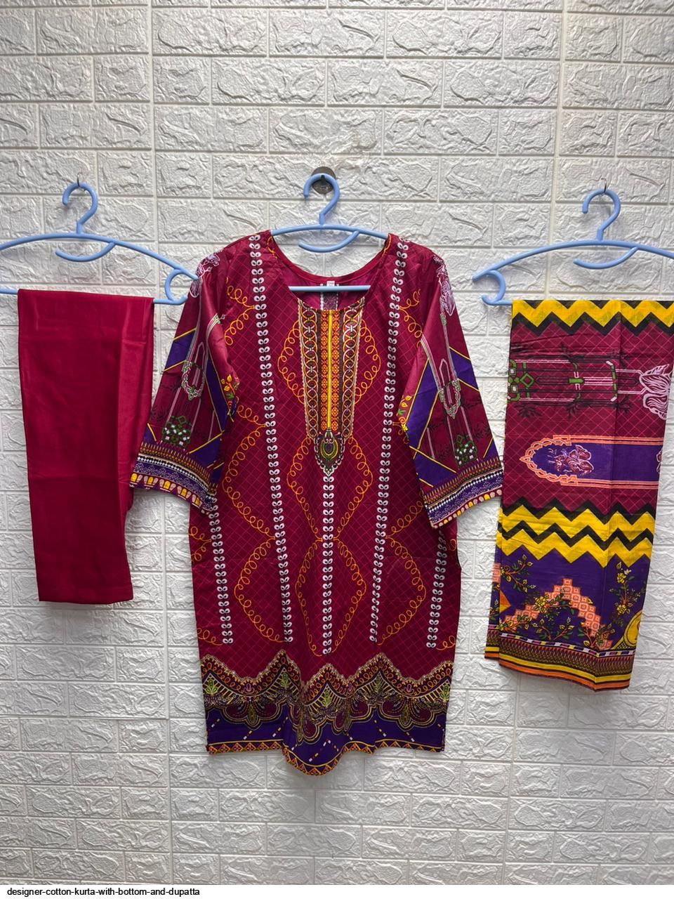 designer cotton kurta with bottom and dupatta