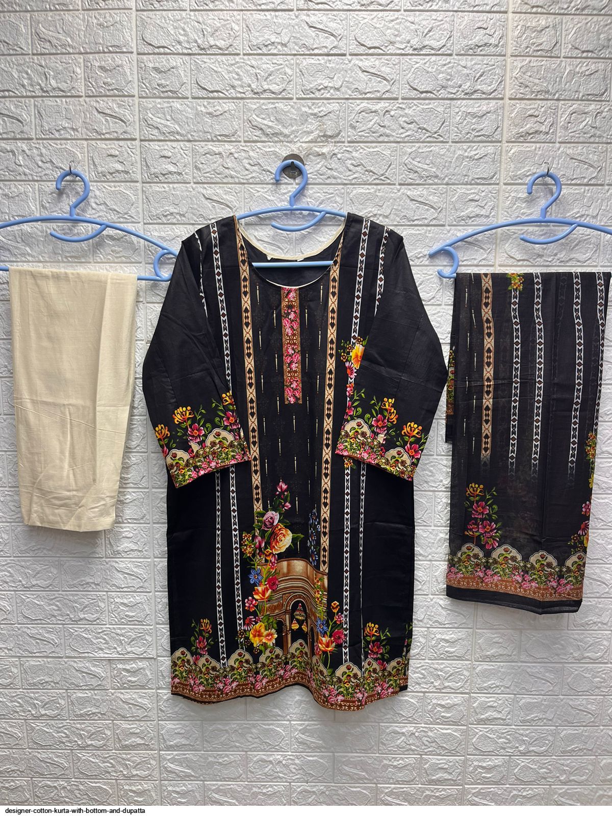 designer cotton kurta with bottom and dupatta