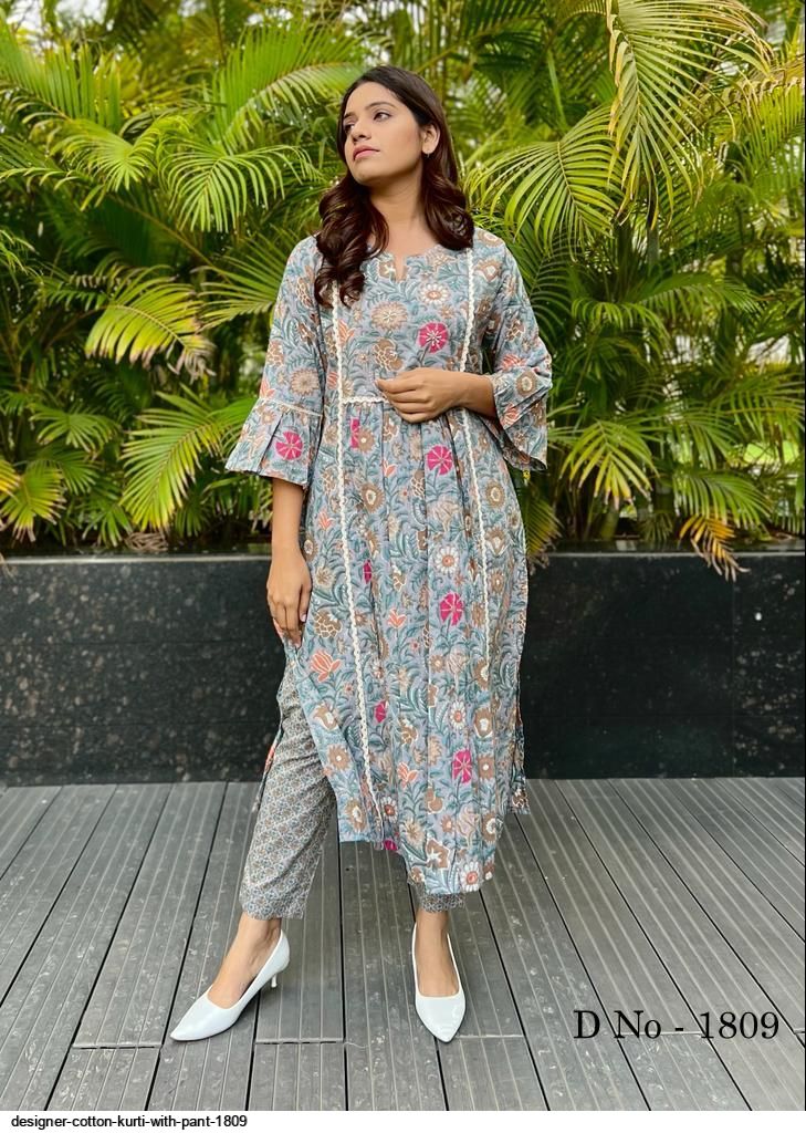 DESIGNER COTTON KURTI WITH PANT 1809