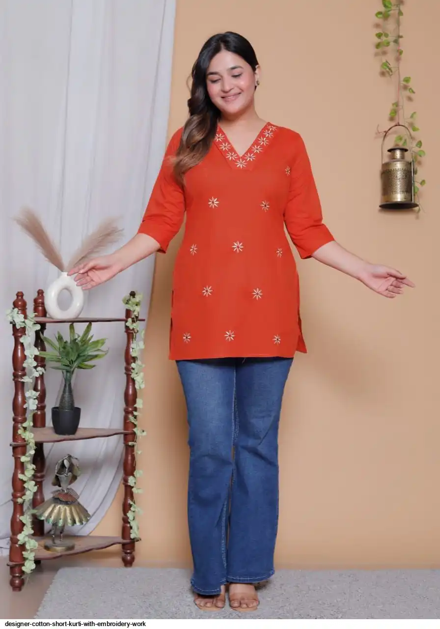 DESIGNER COTTON SHORT KURTI WITH EMBROIDERY WORK A