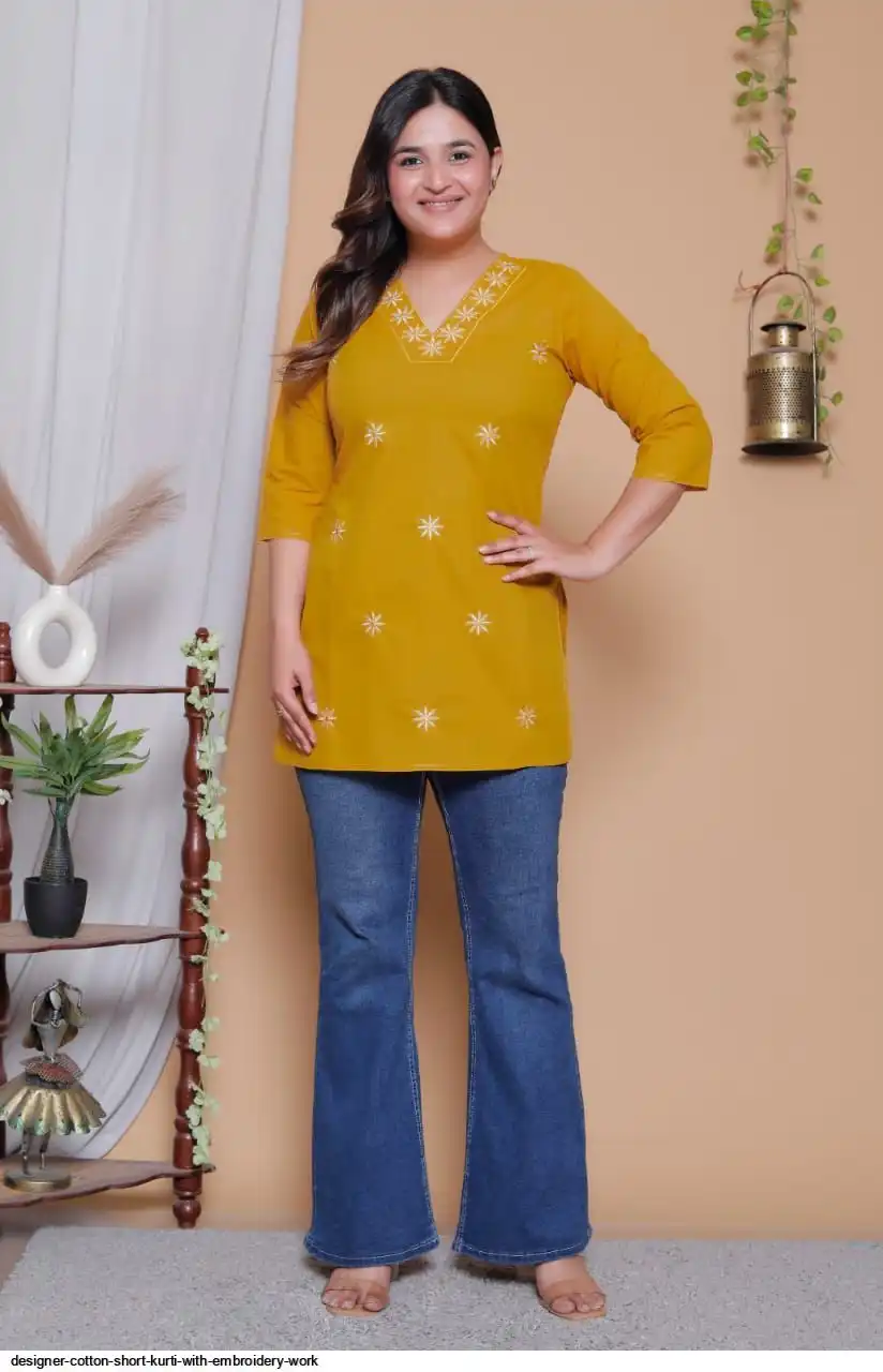 DESIGNER COTTON SHORT KURTI WITH EMBROIDERY WORK F