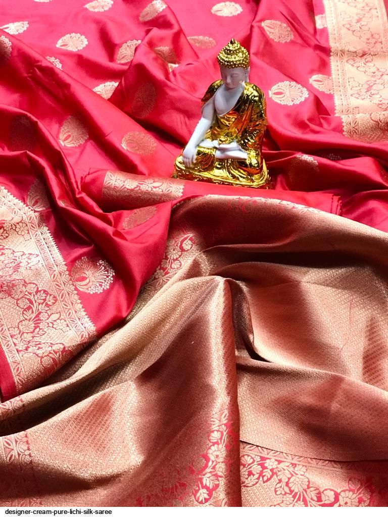 DESIGNER CREAM PURE LICHI SILK SAREE C