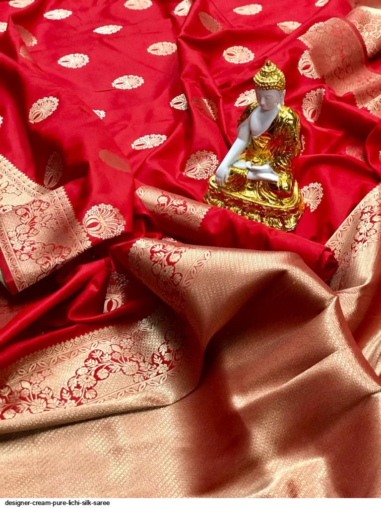 DESIGNER CREAM PURE LICHI SILK SAREE B