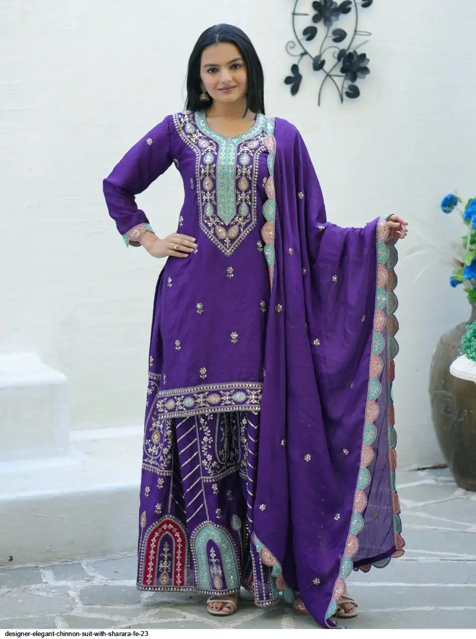 DESIGNER ELEGANT CHINNON SUIT WITH SHARARA FE 23 B