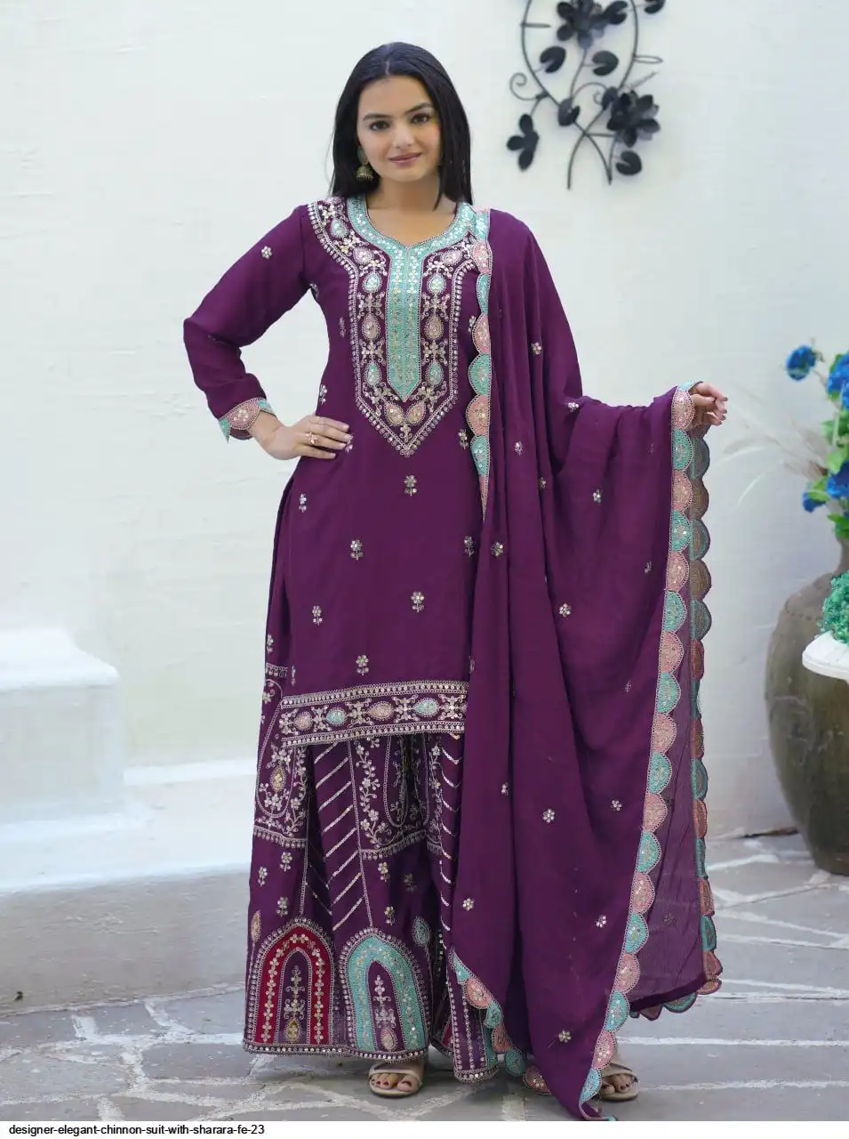 DESIGNER ELEGANT CHINNON SUIT WITH SHARARA FE 23 A