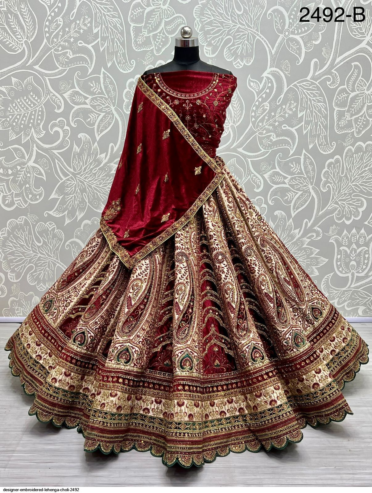 Buy Maroon Embroidered Velvet Bridal Lehenga Choli With Double Dupatta  Online At Zeel Clothing