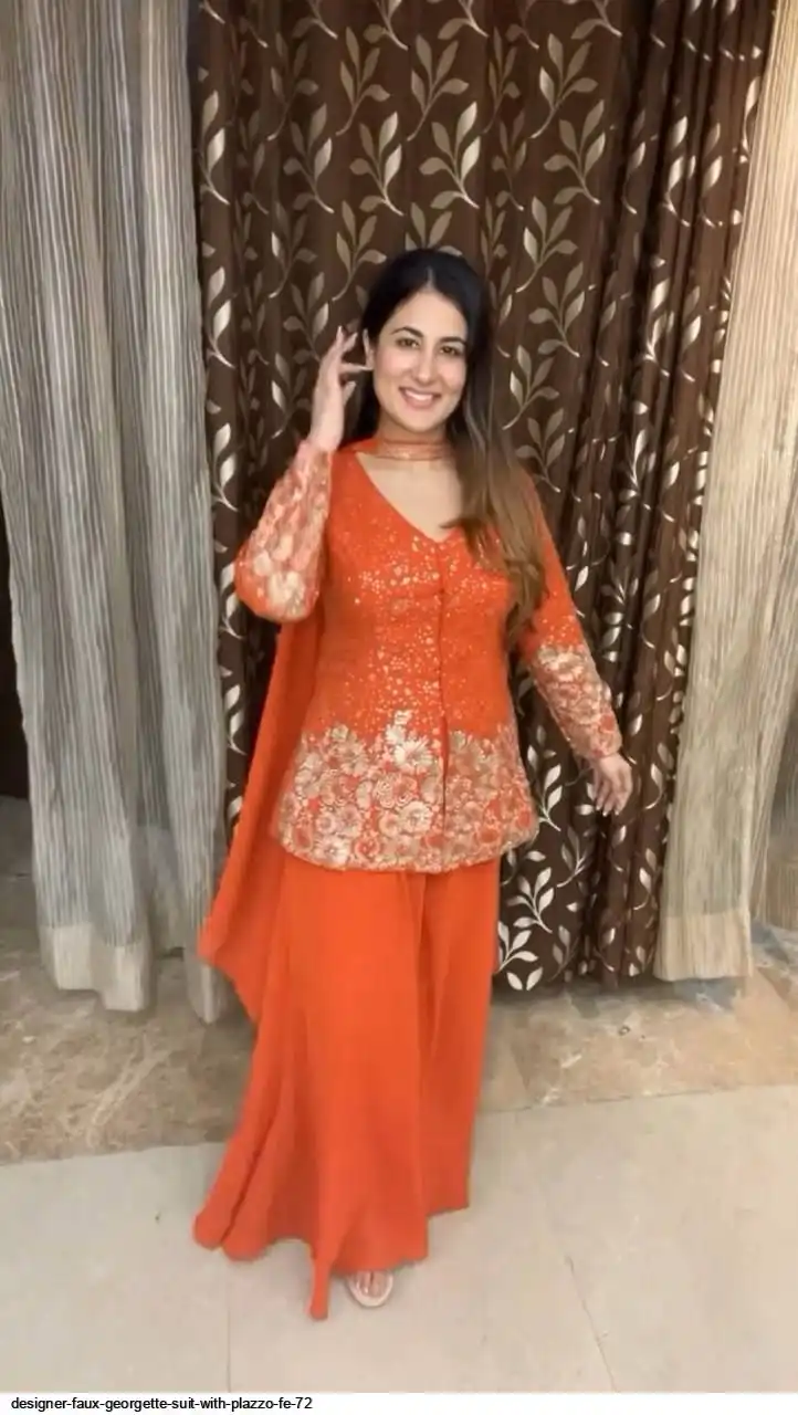 DESIGNER FAUX GEORGETTE SUIT WITH PLAZZO FE 72 B