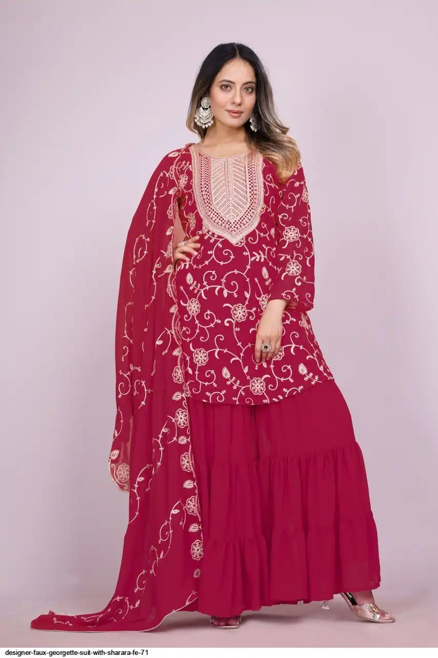DESIGNER FAUX GEORGETTE SUIT WITH SHARARA FE 71 B