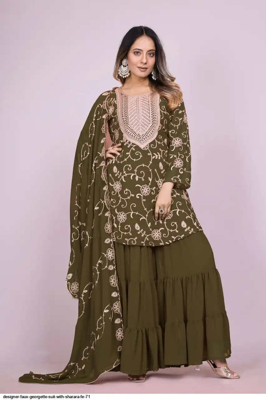 DESIGNER FAUX GEORGETTE SUIT WITH SHARARA FE 71 C