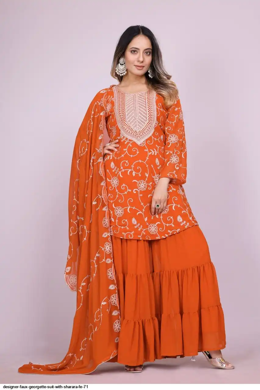 DESIGNER FAUX GEORGETTE SUIT WITH SHARARA FE 71 A