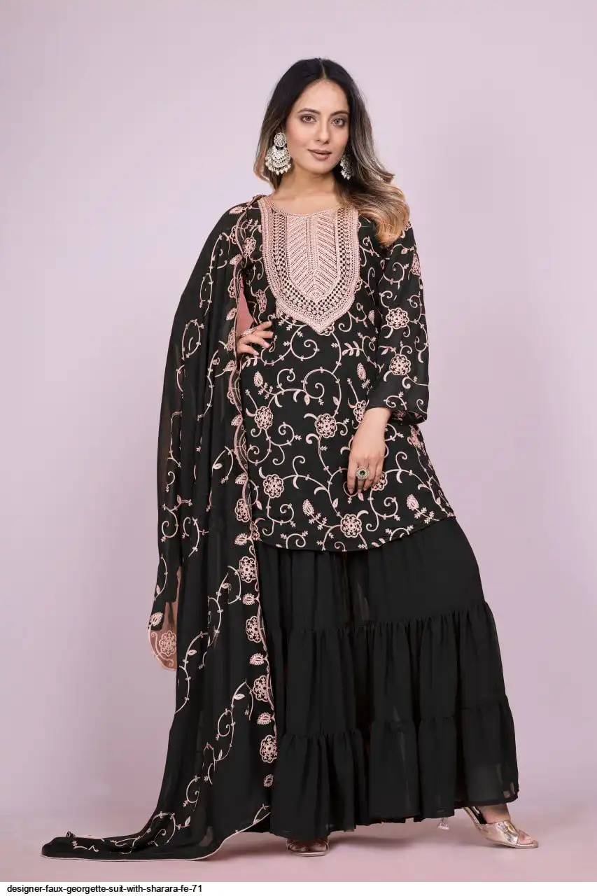 DESIGNER FAUX GEORGETTE SUIT WITH SHARARA FE 71 D