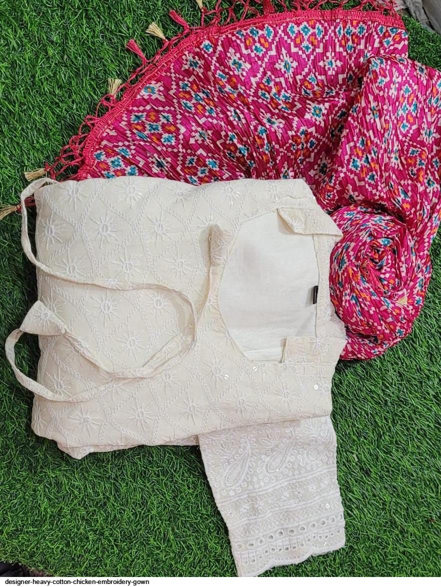 designer heavy cotton chicken embroidery gown