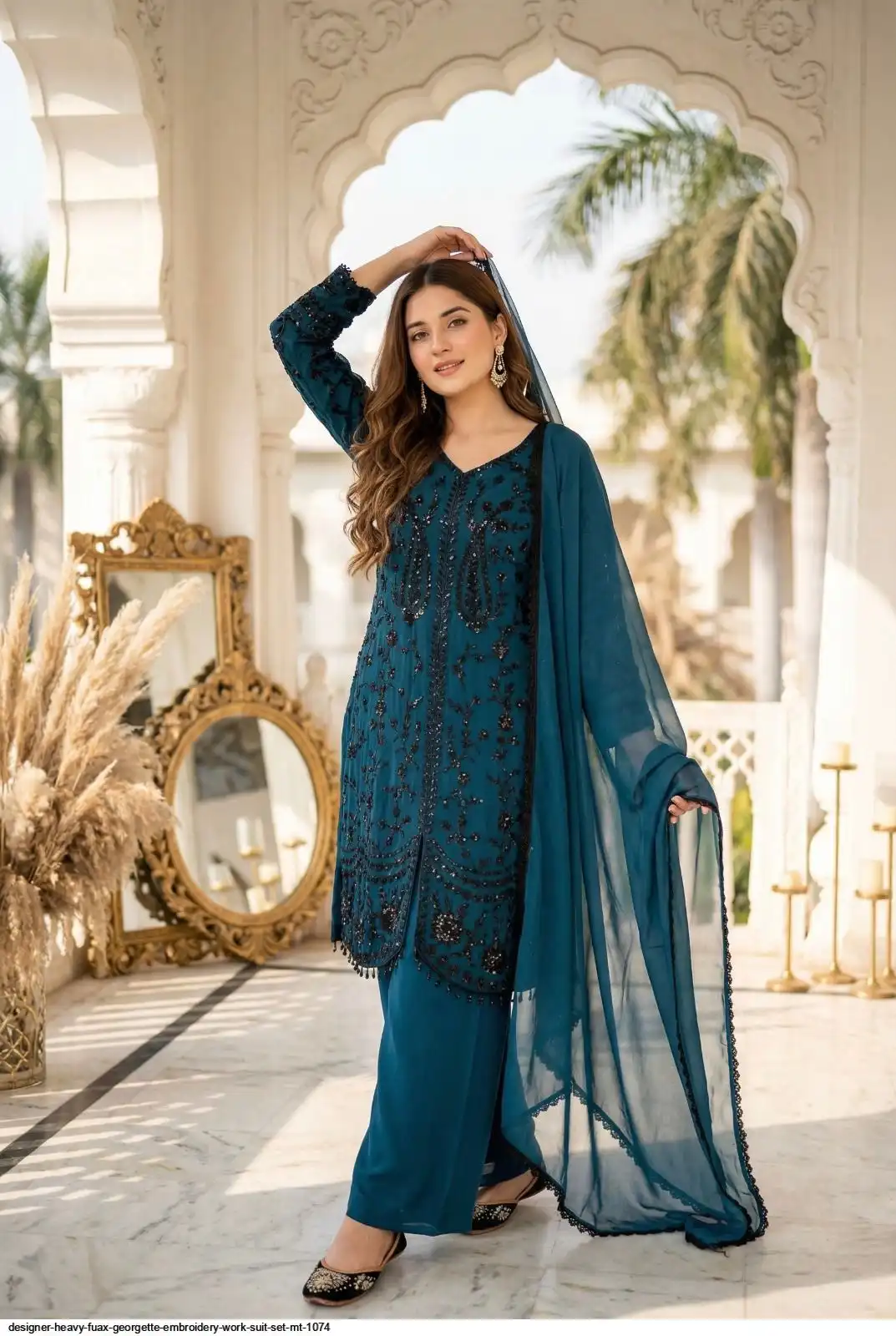 DESIGNER HEAVY FUAX GEORGETTE EMBROIDERY WORK SUIT SET MT 1074 1