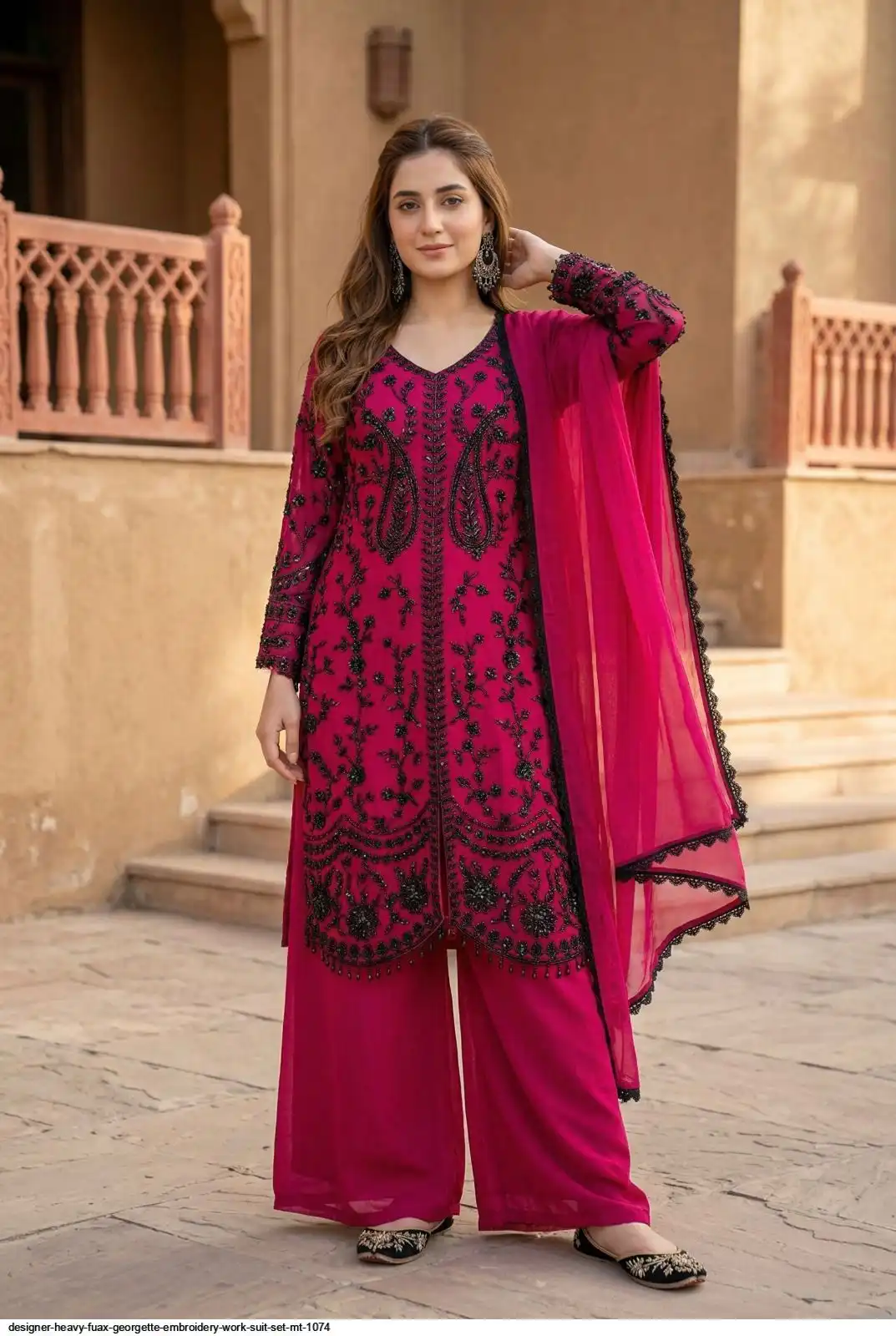 DESIGNER HEAVY FUAX GEORGETTE EMBROIDERY WORK SUIT SET MT 1074 2