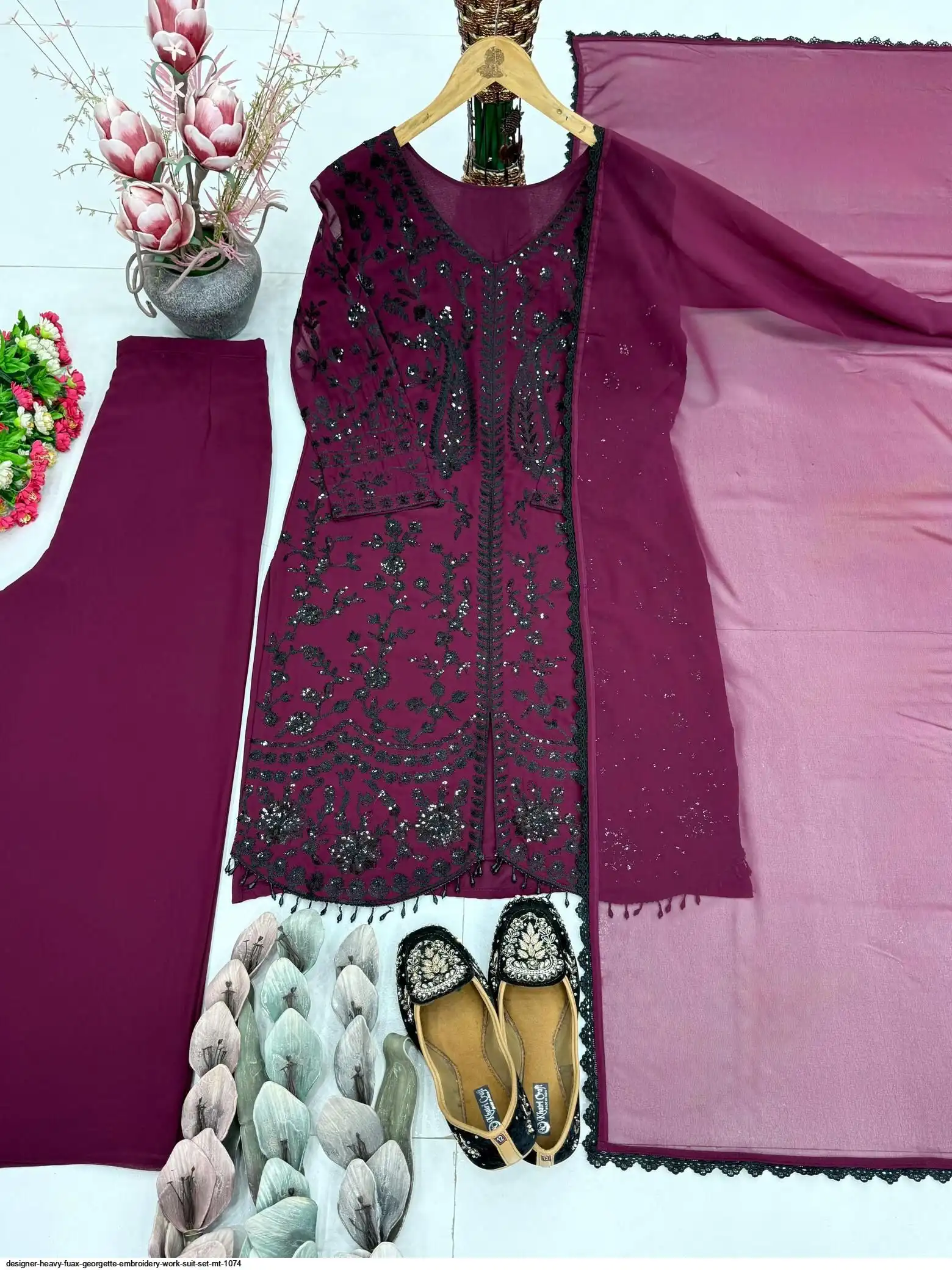DESIGNER HEAVY FUAX GEORGETTE EMBROIDERY WORK SUIT SET MT 1074 3