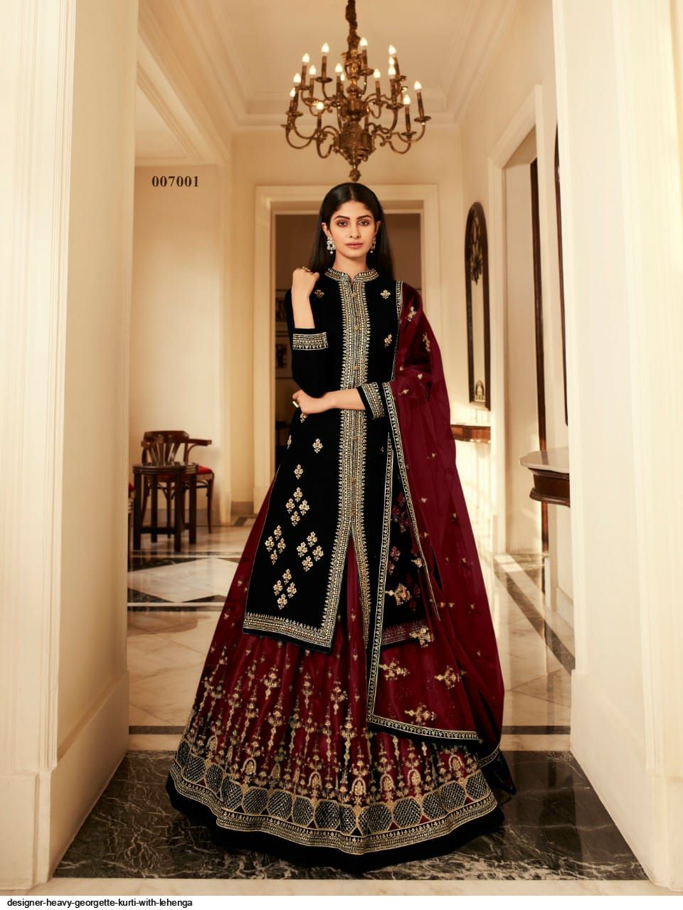 Velvet Embroidered Wedding Lehenga Choli Maroon with Dupatta - LC7089
