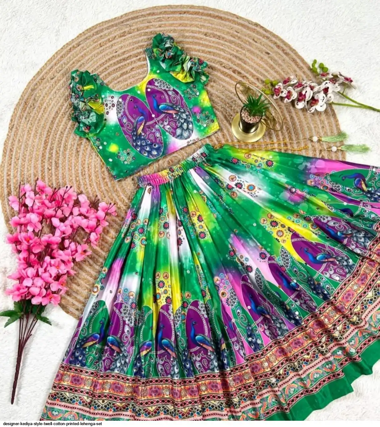 DESIGNER KEDIYA STYLE TWELL COTTON PRINTED LEHENGA SET A
