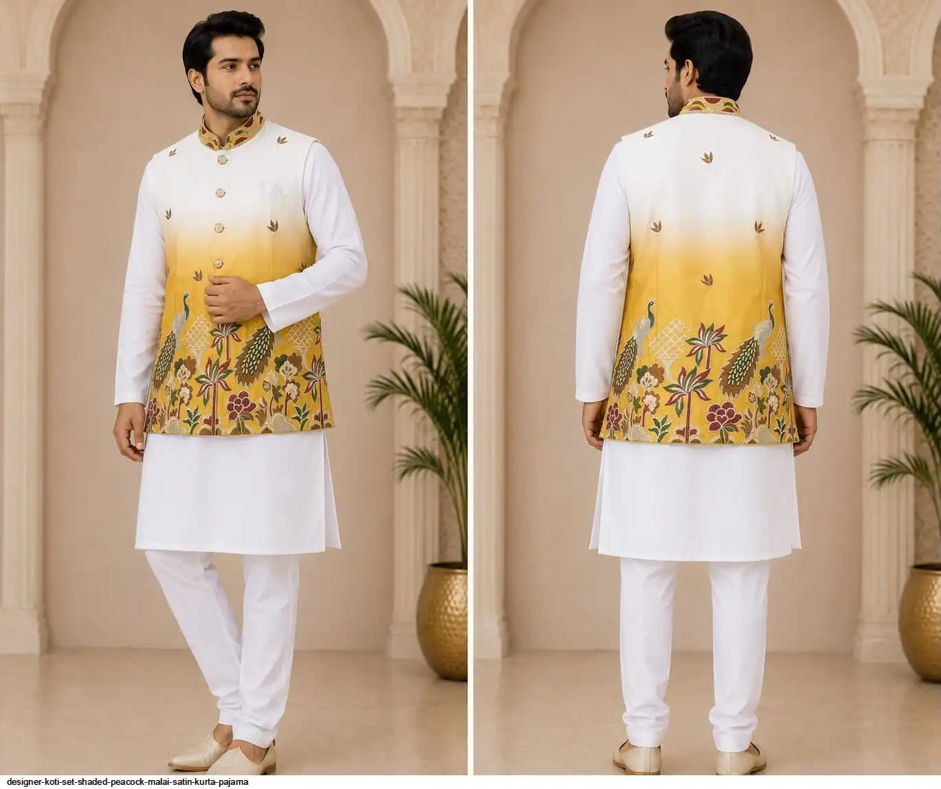DESIGNER KOTI SET SHADED PEACOCK MALAI SATIN KURTA PAJAMA D