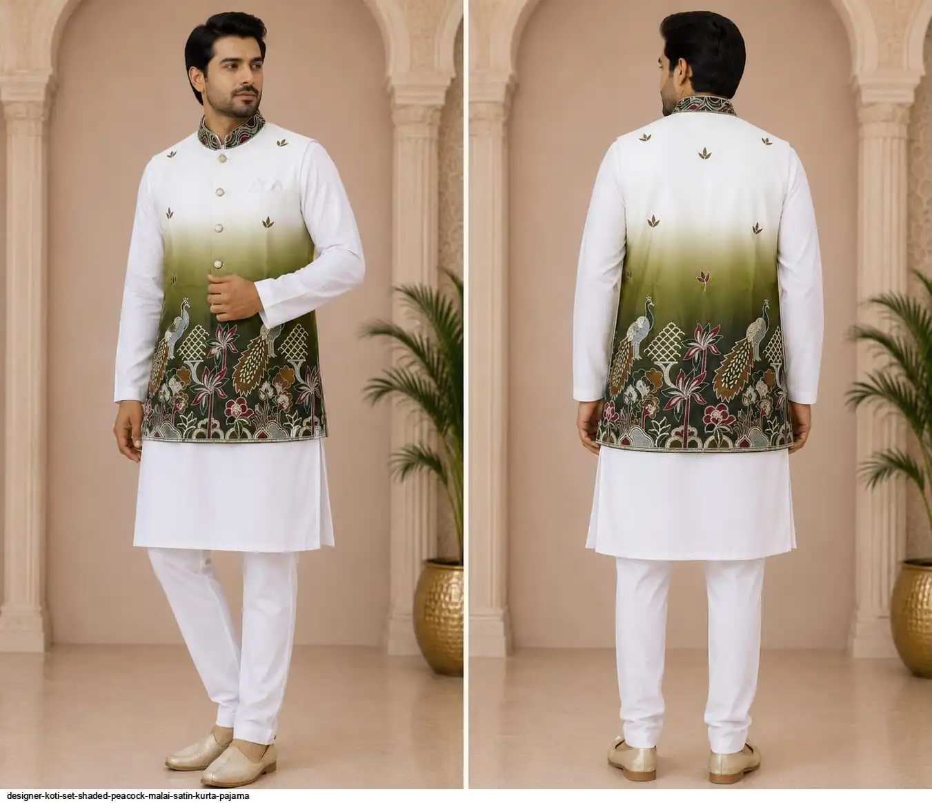 DESIGNER KOTI SET SHADED PEACOCK MALAI SATIN KURTA PAJAMA E