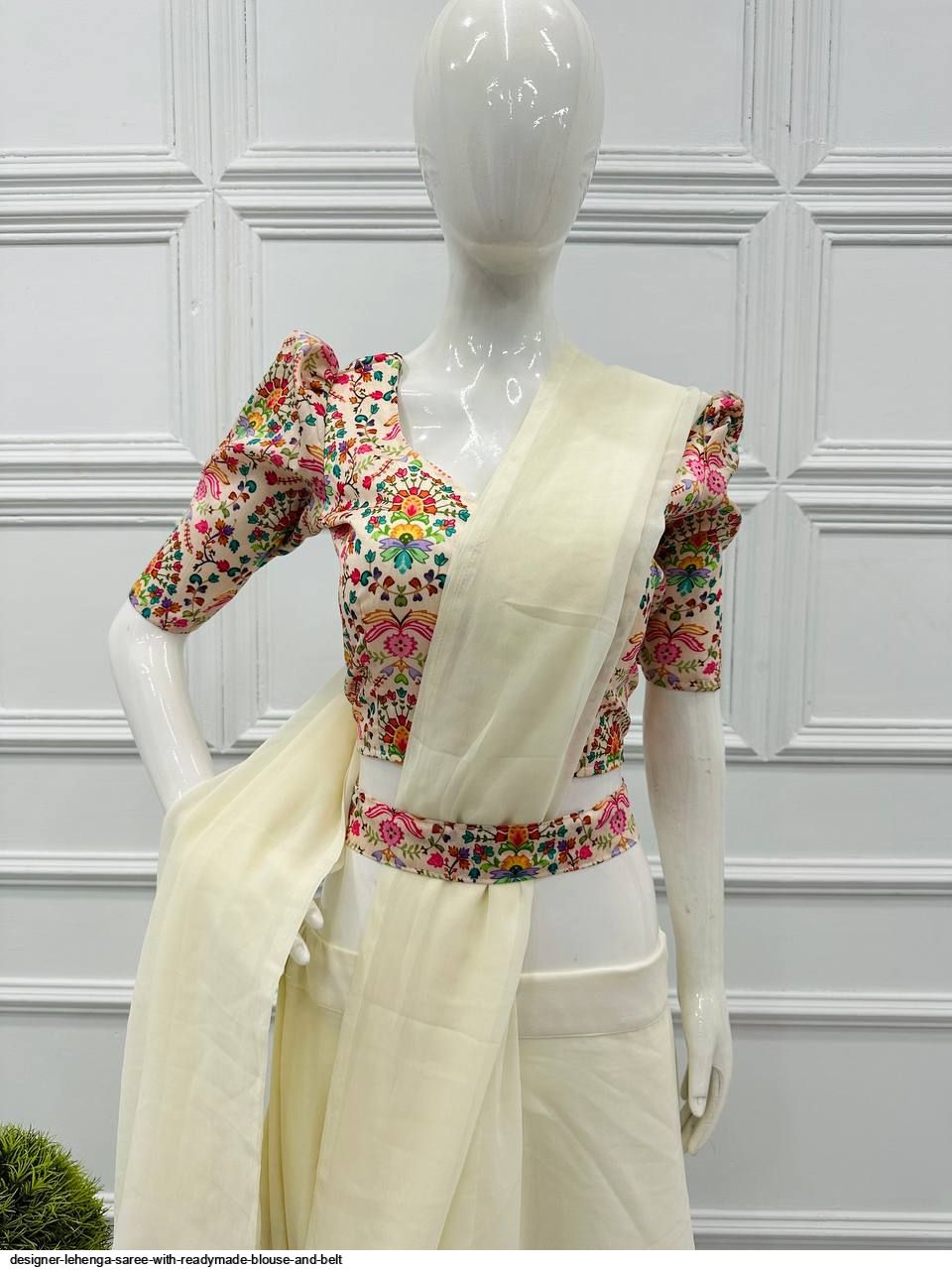 Lehenga saree online, Peach crepe festival saree design, Chinese collar  blouse