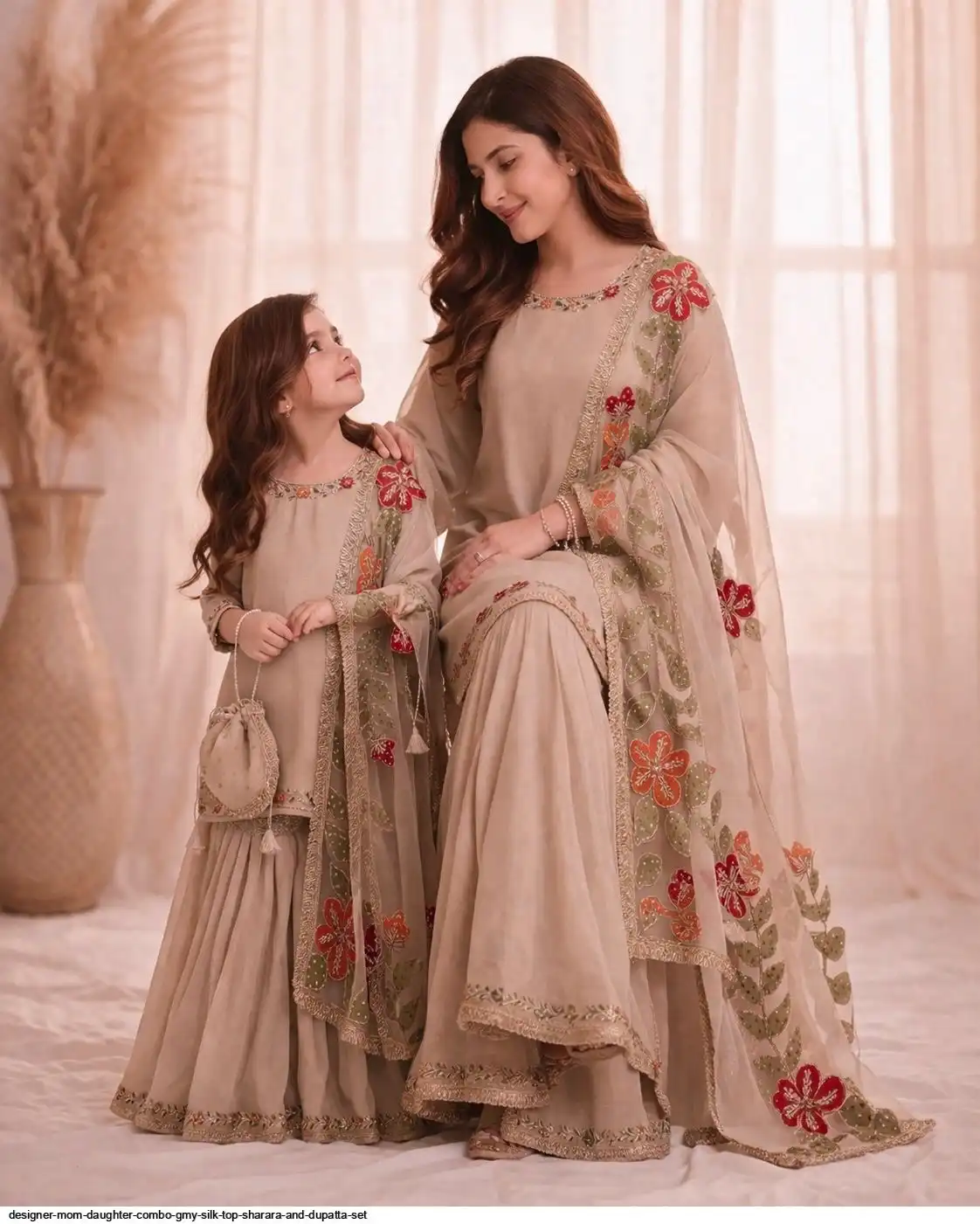 DESIGNER MOM DAUGHTER COMBO GMY SILK TOP SHARARA AND DUPATTA SET E