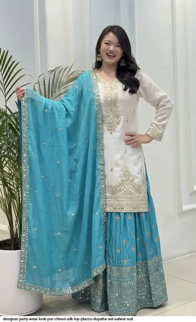 DESIGNER PARTY WEAR LOOK PUR CHINON SILK TOP PLAZZO DUPATTA SET SALWAR SUIT 1