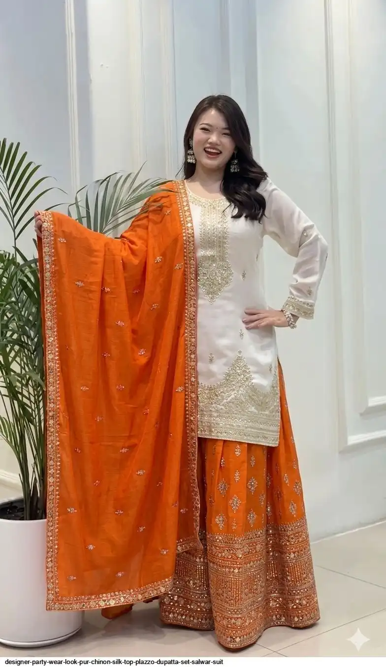 DESIGNER PARTY WEAR LOOK PUR CHINON SILK TOP PLAZZO DUPATTA SET SALWAR SUIT 2