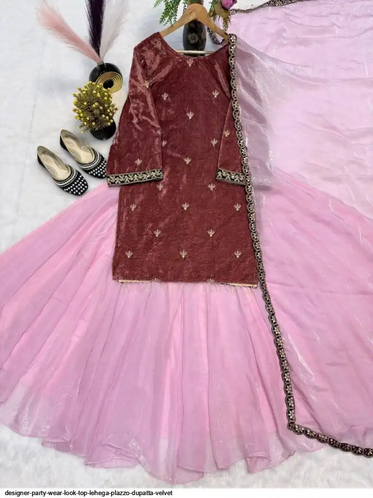 DESIGNER PARTY WEAR LOOK TOP LEHEGA PLAZZO DUPATTA VELVET 1