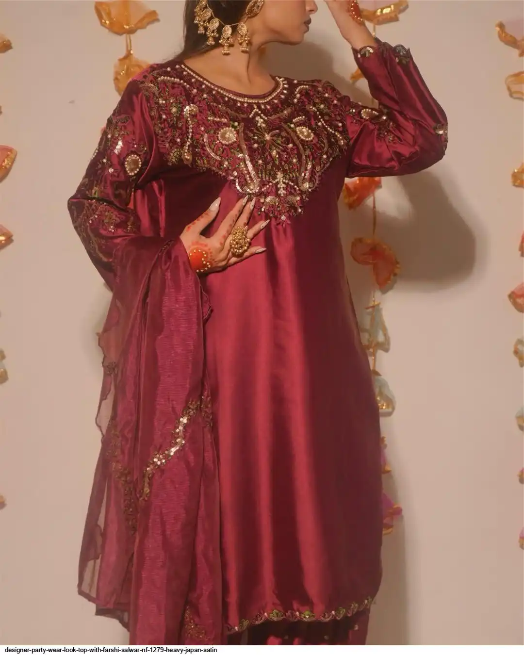DESIGNER PARTY WEAR LOOK TOP WITH FARSHI SALWAR NF 1279 HEAVY JAPAN SATIN A