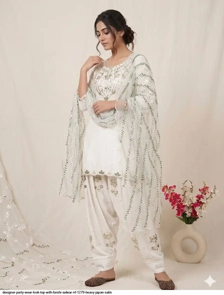 DESIGNER PARTY WEAR LOOK TOP WITH FARSHI SALWAR NF 1279 HEAVY JAPAN SATIN B