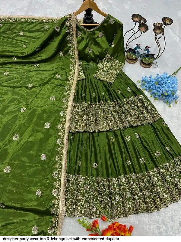 DESIGNER PARTY WEAR TOP & LEHENGA SET WITH EMBROIDERED DUPATTA A