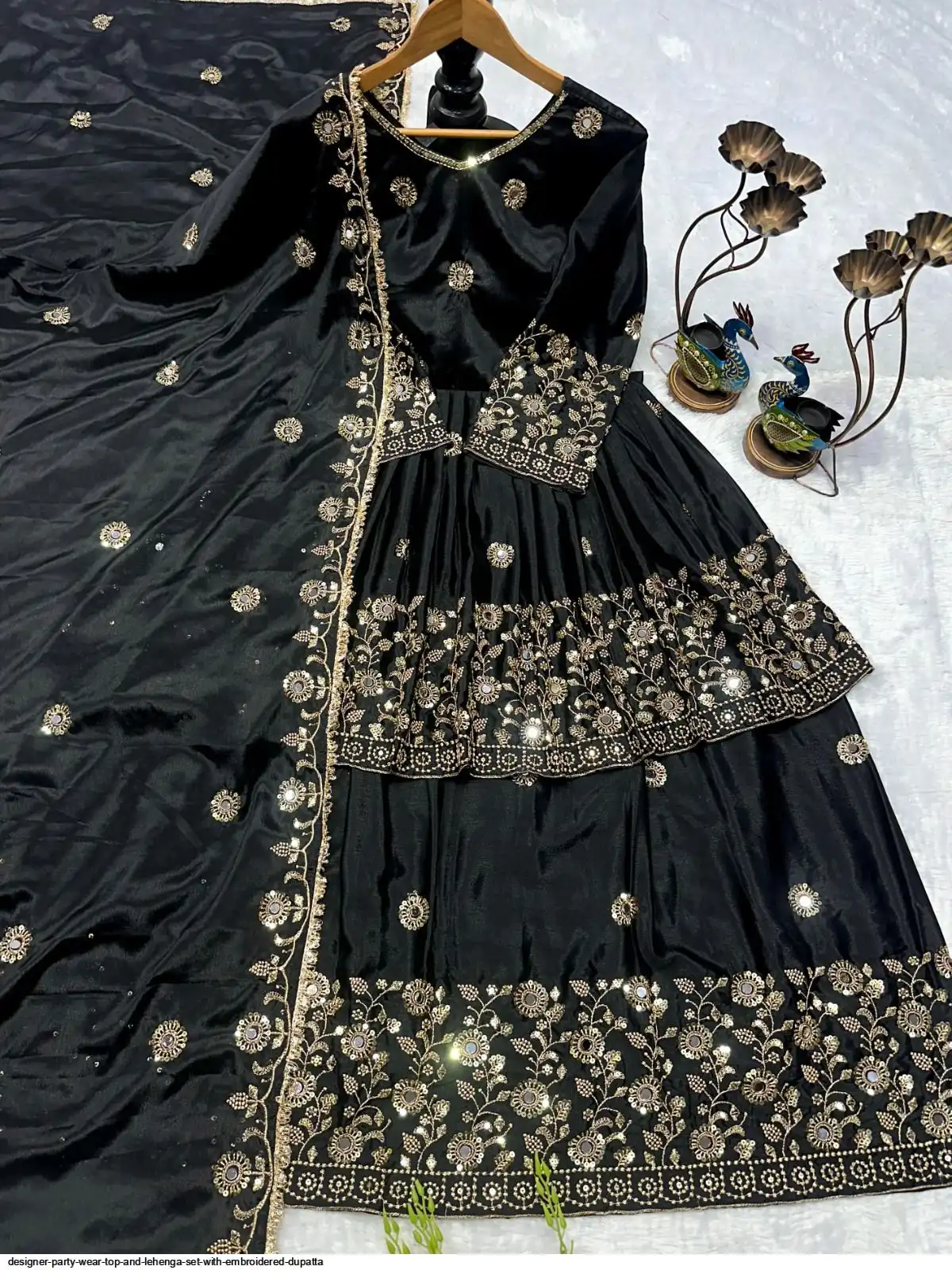 DESIGNER PARTY WEAR TOP AND LEHENGA SET WITH EMBROIDERED DUPATTA C