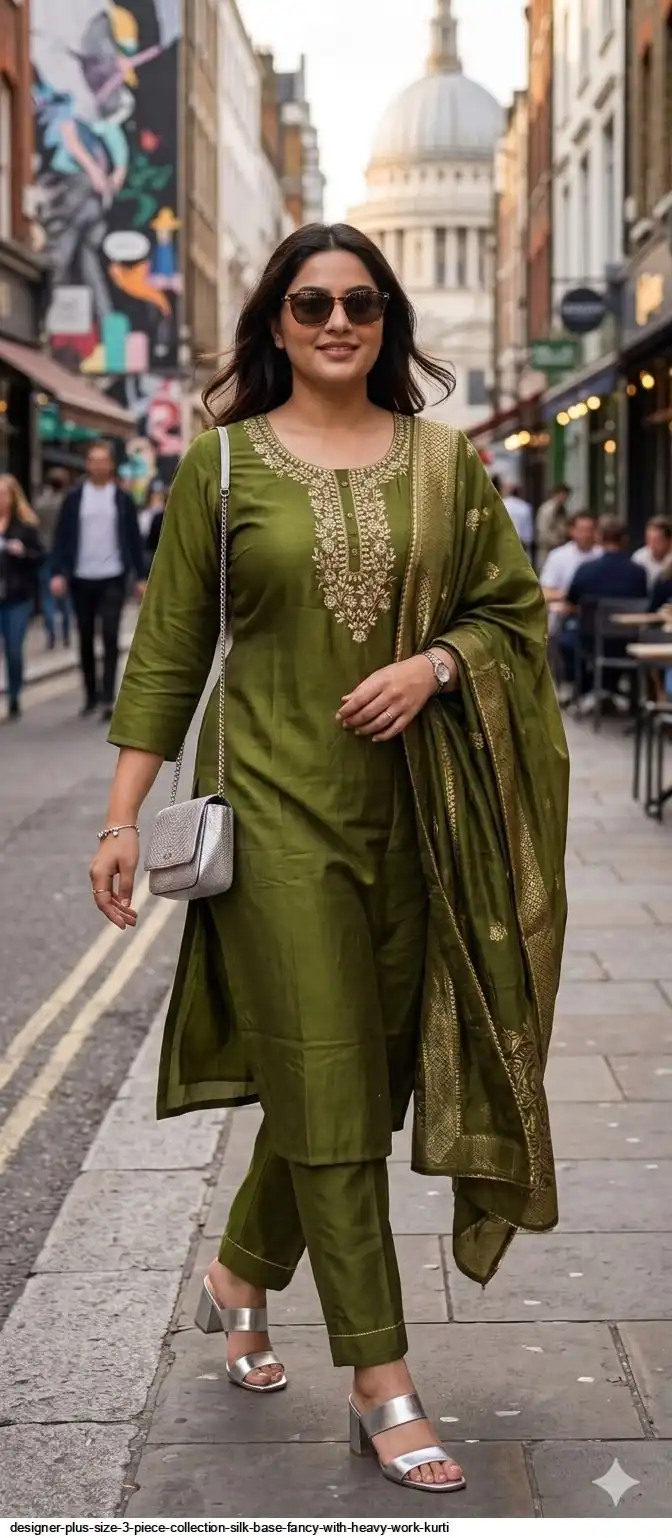 DESIGNER PLUS SIZE 3 PIECE COLLECTION SILK BASE FANCY WITH HEAVY WORK KURTI 3