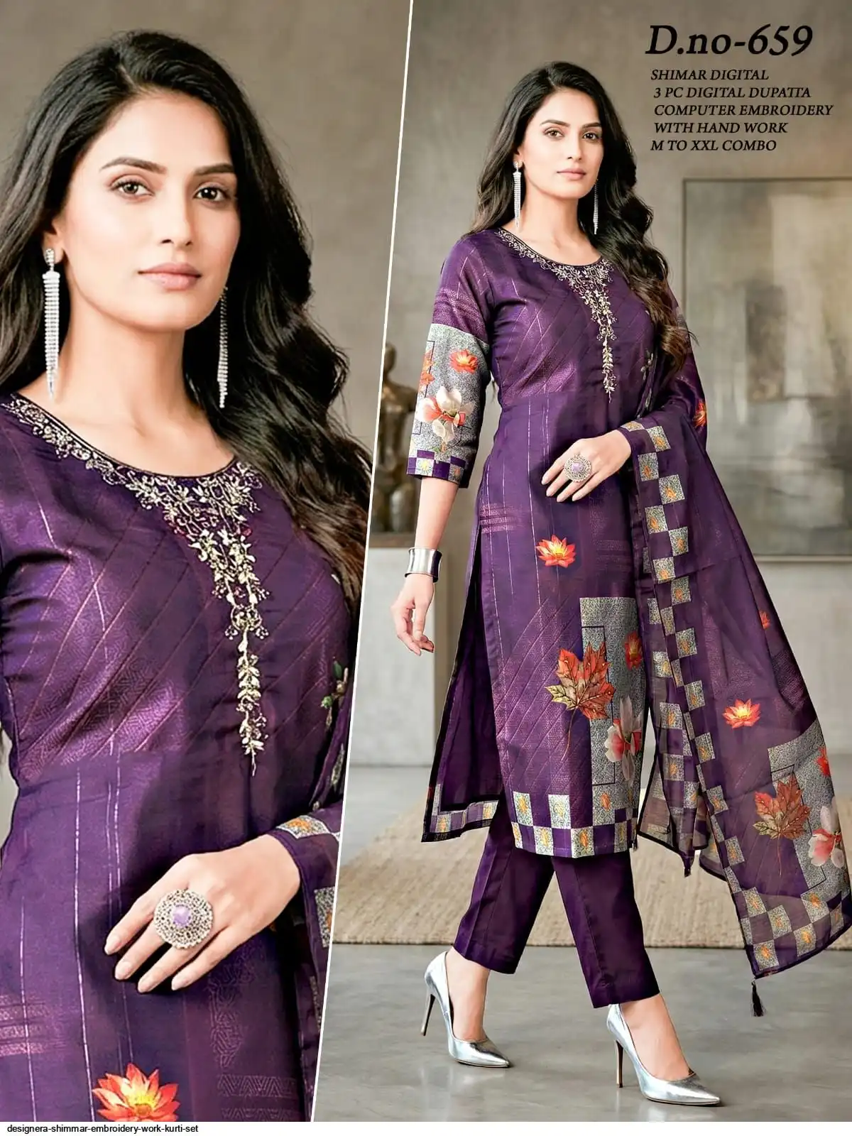 DESIGNERA SHIMMAR EMBROIDERY WORK KURTI SET C