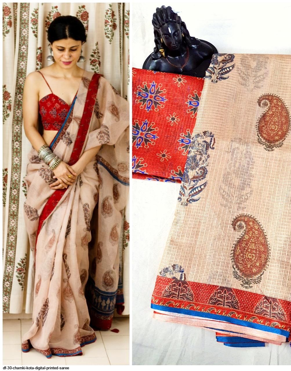Designer satin silk saree red with pearl beaded embroidery and chamki –  Cherrypick