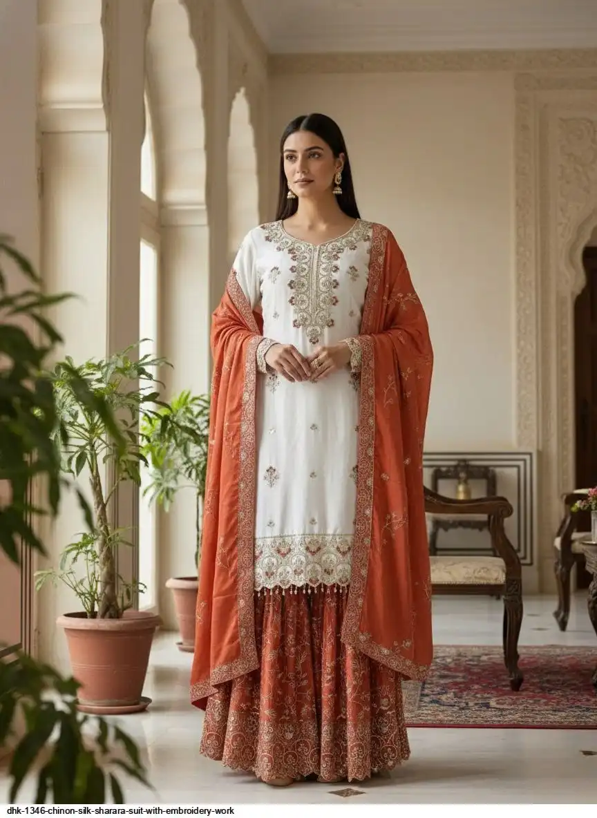 DHK 1346 CHINON SILK SHARARA SUIT WITH EMBROIDERY WORK C