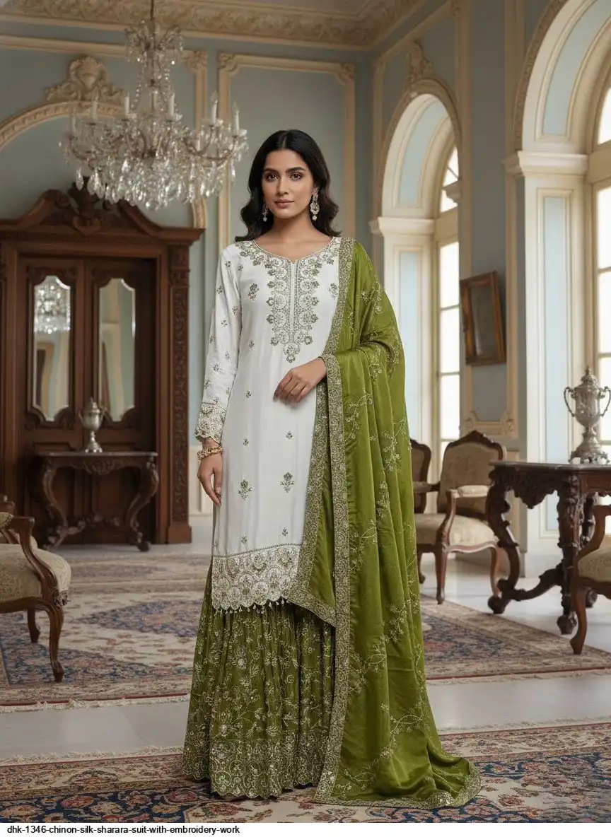 DHK 1346 CHINON SILK SHARARA SUIT WITH EMBROIDERY WORK B
