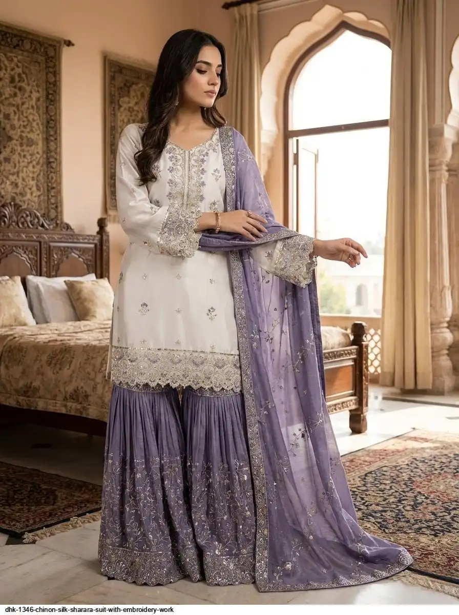 DHK 1346 CHINON SILK SHARARA SUIT WITH EMBROIDERY WORK A